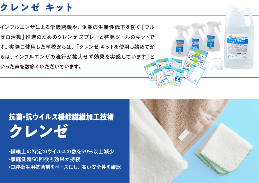 グレンゼキット。インフルエンザによる学級閉鎖や、企業の生産性低下を防ぐ「フルゼロ活動」推進のためのクレンゼスプレーと啓発ツールのキットです。実際に使用した学校からは、「クレンゼキットを使用し始めてからは、インフルエンザの流行が拡大せず効果を実感しています」といった声を数多くいただいています。